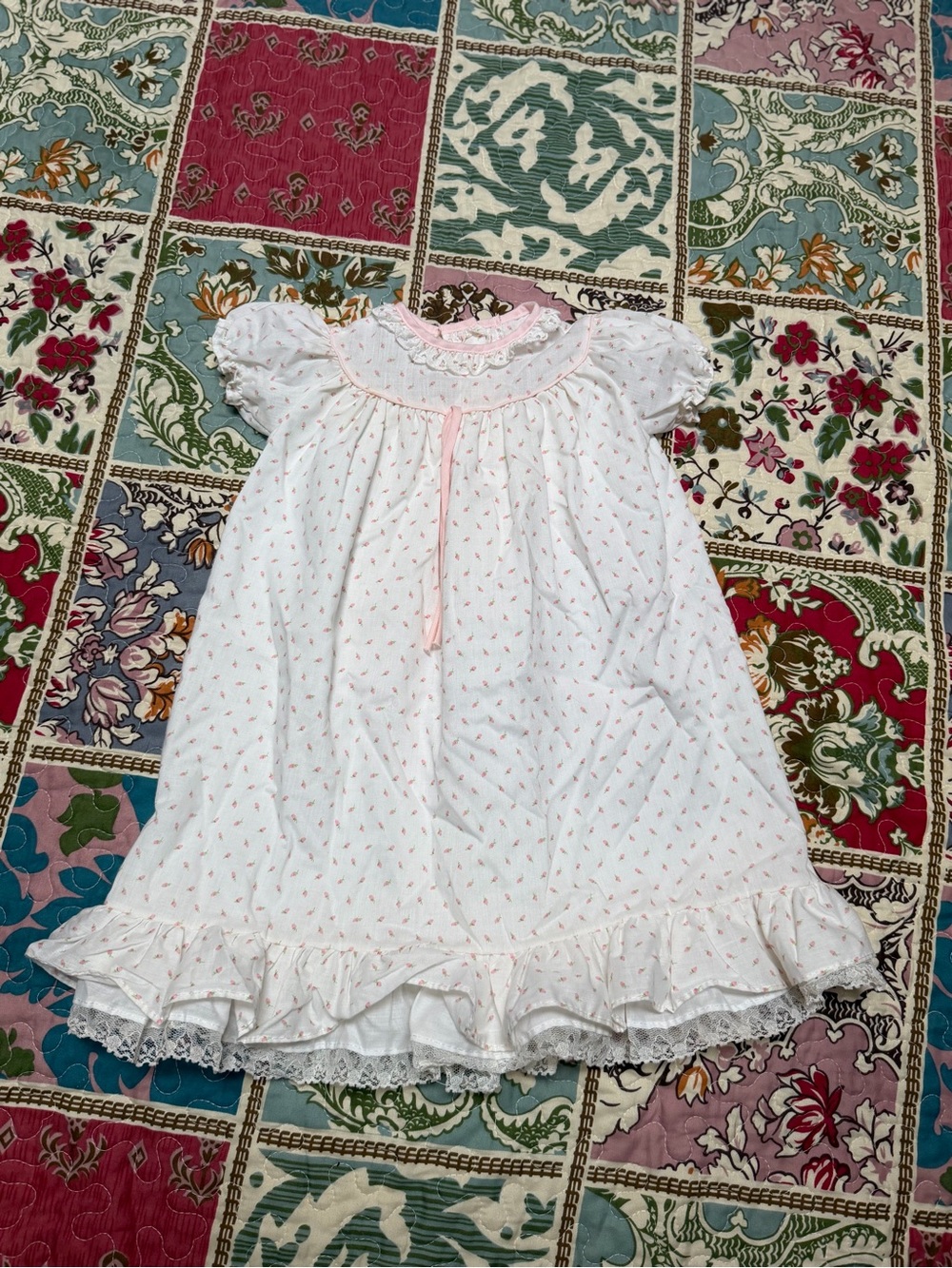 Alexis White Nightgown with Pink Trim and Tiny Pink Prints